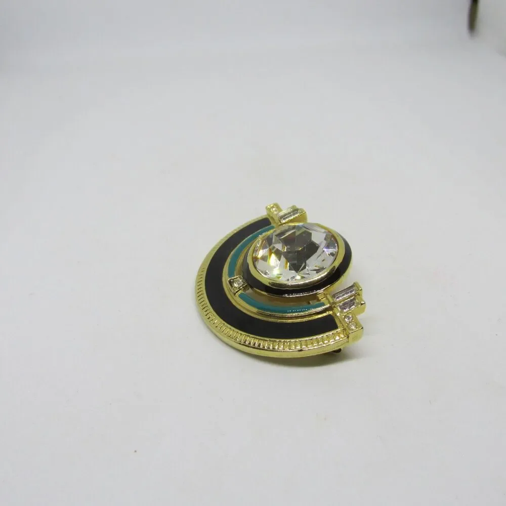 Vtg 1980s Art Deco Revival Brooch Black Teal Enamel Geometric Fan Rhinestone Pin
